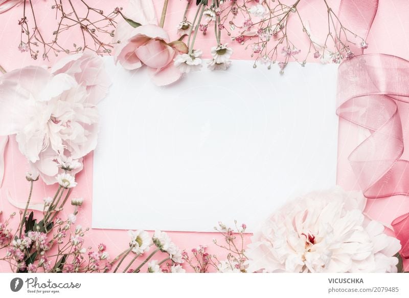 Weiße leere Karte mit Pastell Blumen und Schleife Lifestyle Stil Design Sommer Dekoration & Verzierung Feste & Feiern Valentinstag Muttertag Hochzeit Geburtstag