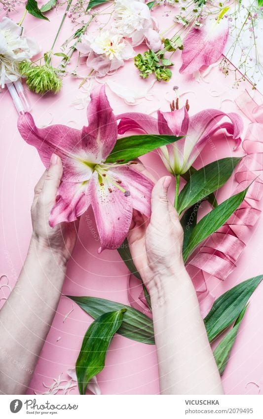 Weibliche Hände halten schöne große rosa Lilie Blumen Lifestyle Stil Design Freizeit & Hobby Dekoration & Verzierung Tisch Feste & Feiern Valentinstag Muttertag