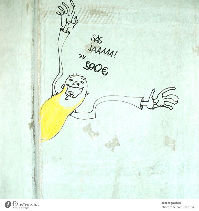 [H 10.1] 500 € gefällig? androgyn Mann Erwachsene Mensch Mauer Wand Beton Schriftzeichen Ziffern & Zahlen Graffiti Geld Eurozeichen geisterhaft gelb Gefühle
