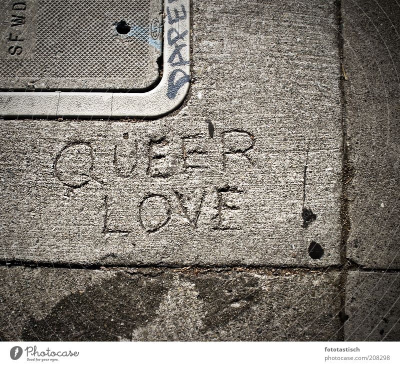 Queer Love Subkultur Homosexualität Gefühle Lebensfreude Liebe Toleranz Bürgersteig Zement Steinplatten Steinboden Fuge Furche queer'r love Gully grau trist