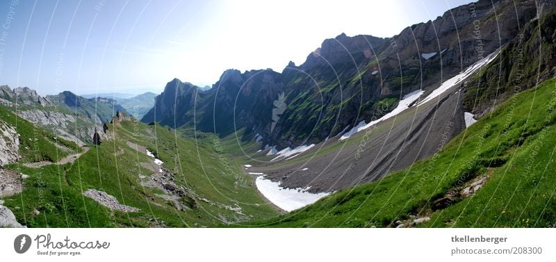 Der Weg Natur Landschaft Urelemente Erde Himmel Wolkenloser Himmel Sommer Gras Alpen Berge u. Gebirge Alpstein hoher kasten Rothsteinpass blau braun grau grün