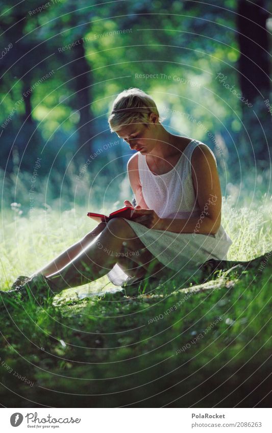 #A# Morgens im Park Kunst Kunstwerk ästhetisch Idylle Frau grün Erholung lesen schreiben Außenaufnahme Sommer sommerlich ruhig abgelegen Ruhepunkt friedlich
