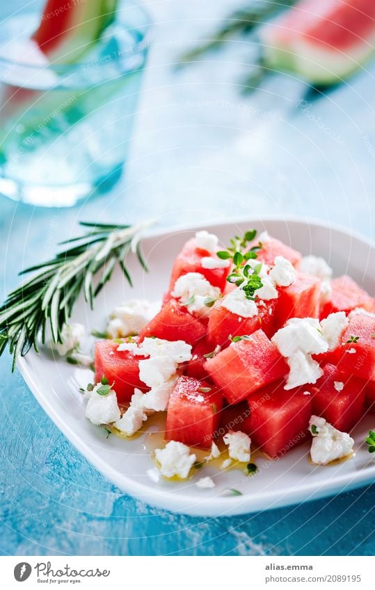 Wassermelonen-Feta Salat feta Schafskäse Sommer Gesunde Ernährung Speise Essen Foodfotografie Lebensmittel Kräuter & Gewürze sommerlich genießen fruchtig Frucht