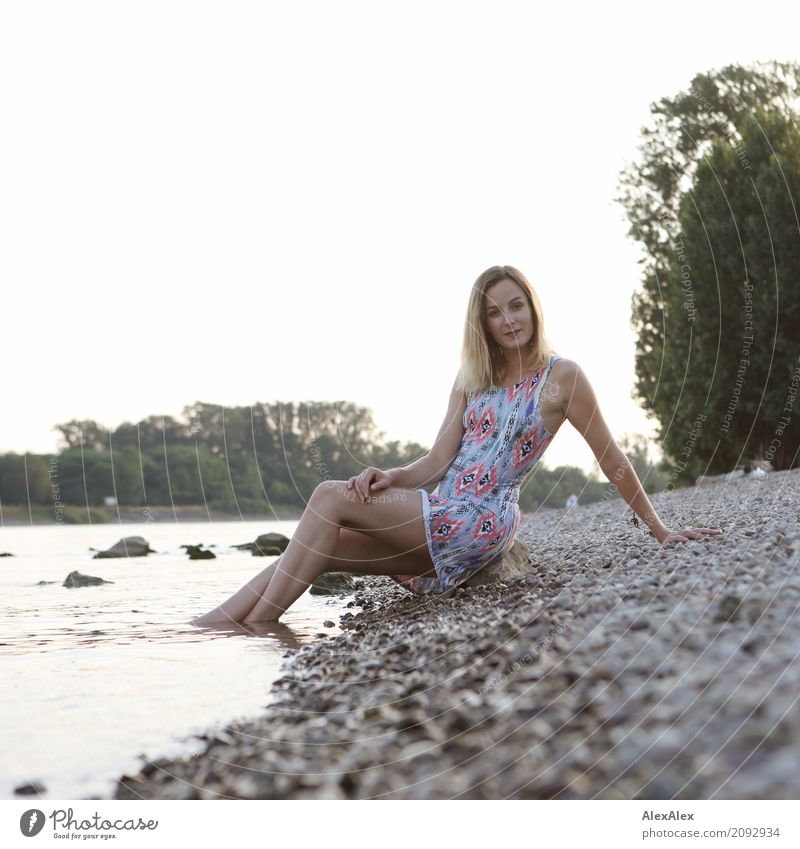 Junge, schlanke Frau in Sommerkleid sitzt am Rheinufer mit den Füßen im Wasser Freude schön Leben Wohlgefühl Junge Frau Jugendliche Körper Beine 18-30 Jahre
