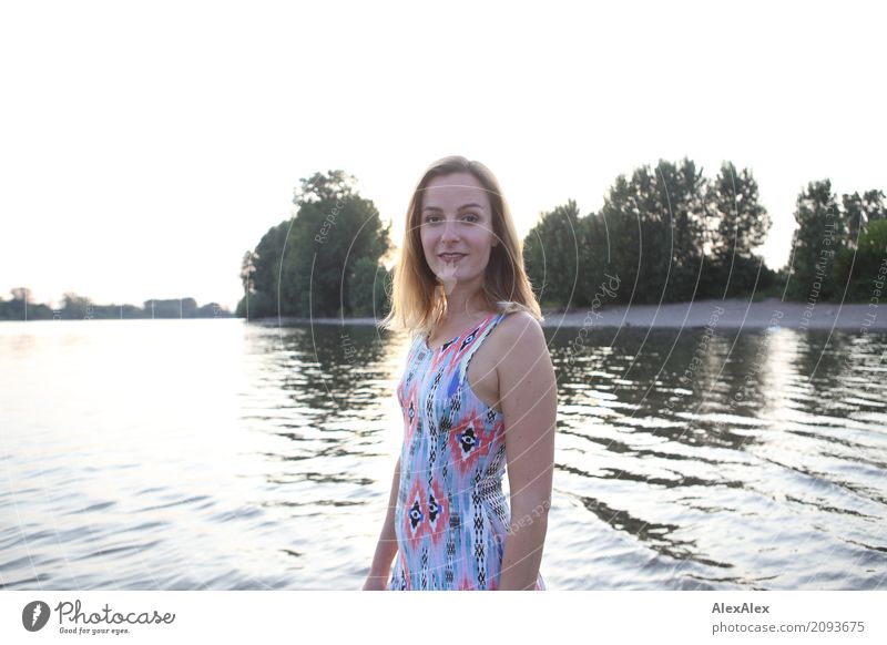 Junge Frau steht im Fluss Rhein Stil schön harmonisch Wohlgefühl Ausflug Sommer Jugendliche 18-30 Jahre Erwachsene Landschaft Wasser Schönes Wetter Baum