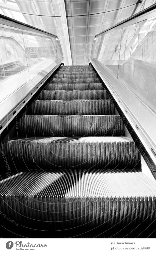 Aufwärts Menschenleer Bahnhof Treppe Rolltreppe kalt grau schwarz weiß Schwarzweißfoto Innenaufnahme Tag Schatten Starke Tiefenschärfe aufwärts Glas modern