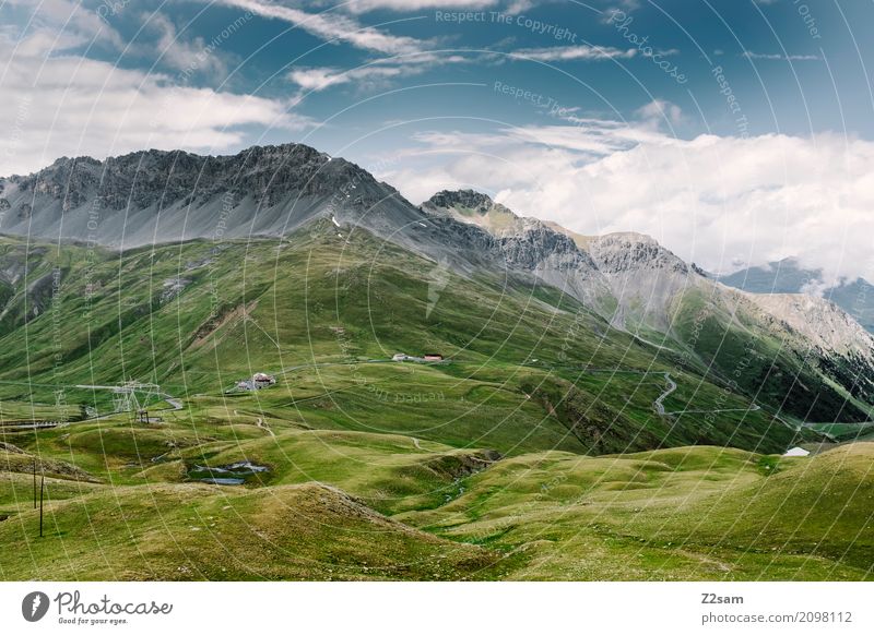 Umbrail Fahrradfahren Umwelt Natur Landschaft Himmel Wolken Sommer Klima Schönes Wetter Alpen Berge u. Gebirge Gipfel Gletscher gigantisch natürlich blau grün