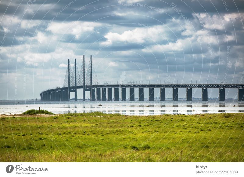 Öresundbrücke bei Malmö Wolken Sommer Wiese Küste Ostsee Schweden Brücke Sehenswürdigkeit Oeresund Brücke Verkehr Verkehrswege ästhetisch gigantisch