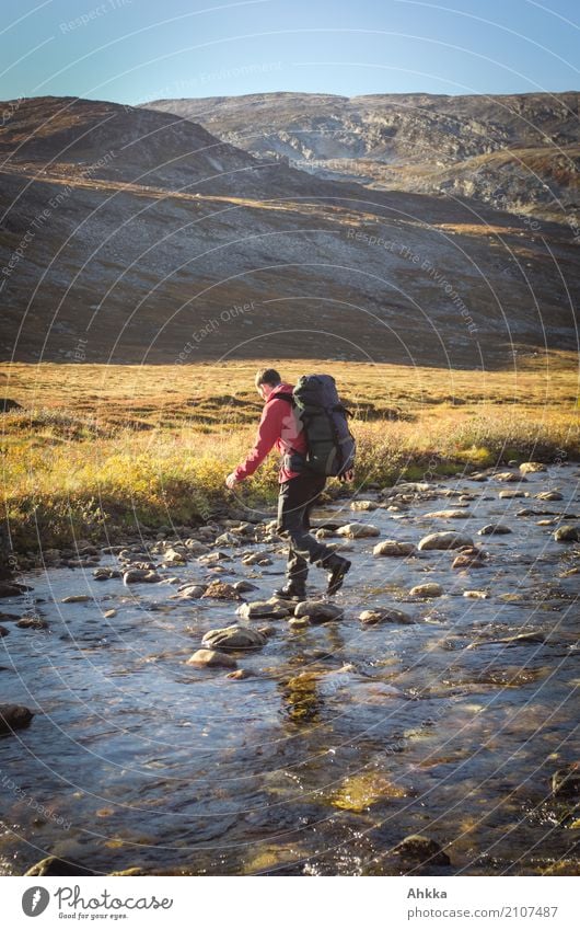 Übergang Ferien & Urlaub & Reisen Berge u. Gebirge wandern Junger Mann Jugendliche 1 Mensch Natur Landschaft Herbst Fluss Skandinavien entdecken laufen Mut
