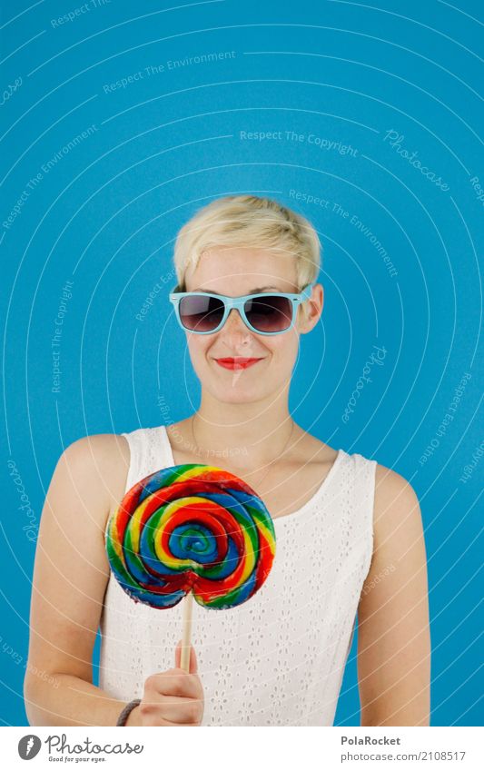 #A# Happy Kunst ästhetisch Frau Lollipop süß schön Süßwaren Süßstoff Süßwarenstand lecker ungesund Coolness Belohnung Sonnenbrille blau Farbfoto mehrfarbig