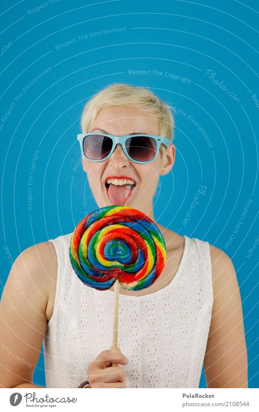 #A# Süßzunge Kunst Kunstwerk ästhetisch Frau verrückt Sonnenbrille Sommer sommerlich Lollipop mehrfarbig blau Süßwaren ungesund Zucker lutschen Freude Unsinn