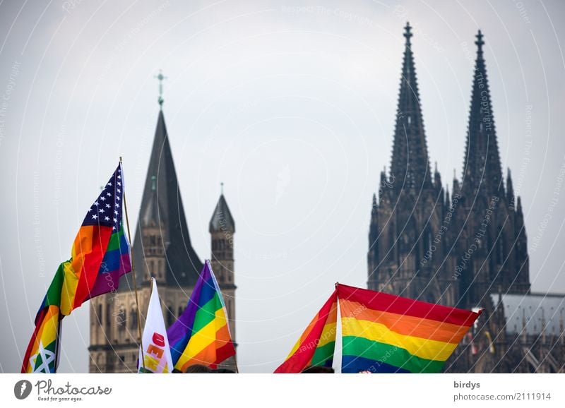 viele Regenbogenfahnen der queeren Comunity beim CSD in Köln. Kölner Dom im Hintergrund Regenbogenflagge Christopher Street Day Wahrzeichen LGBTQ Fahne