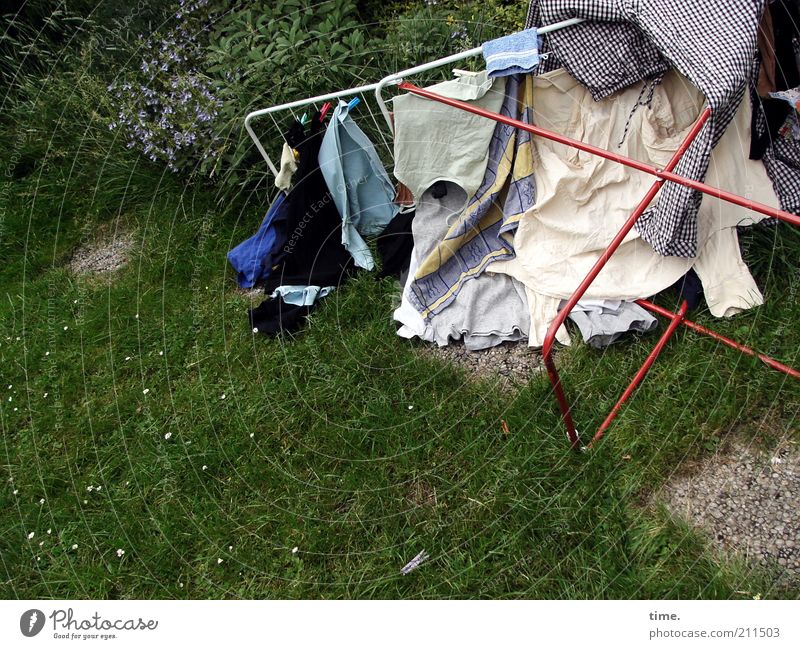 Wäsche legen Bekleidung liegen trocknen umgefallen Kleidungsstücke Waschtag Textilien aufhängen rein Reinigen mehrfarbig Außenaufnahme Wäscheständer Rasen