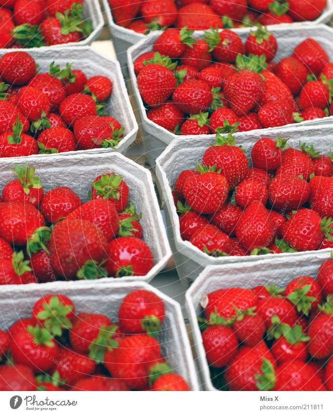 Beerig Lebensmittel Frucht Ernährung Bioprodukte Vegetarische Ernährung Duft frisch lecker saftig süß Farbe verkaufen Erdbeeren Beeren Obstschale Marktstand