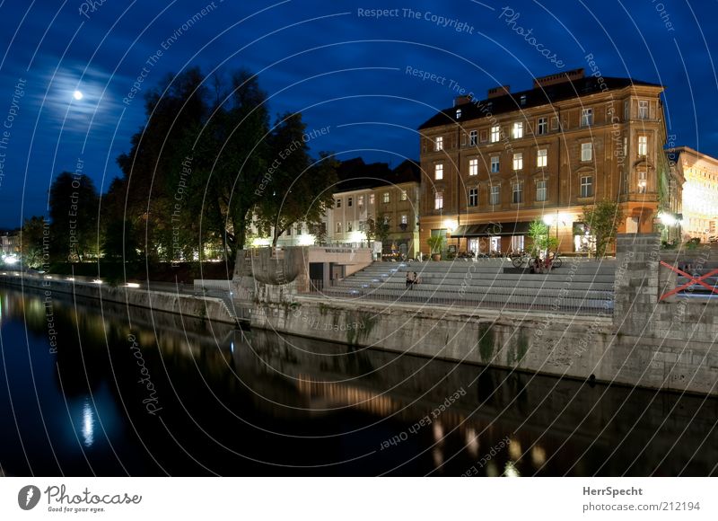 Abends an der Ljubljanica Nachthimmel Mond Sommer Baum Flussufer Ljubljana Hauptstadt Stadtzentrum Haus blau Sommerabend lauschig Vollmond Dämmerung Farbfoto