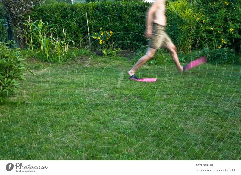 Noch ein Schritt... Freude Mensch Mann Erwachsene Pflanze Gras gehen August Schwimmhilfe Farbfoto Rasen rennen laufen Grünfläche Garten Bewegungsunschärfe