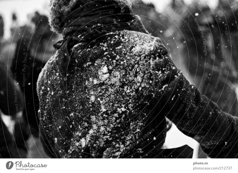 Schneeballschlacht Mensch maskulin 1 werfen Mantel Schwarzweißfoto Außenaufnahme Tag Schwache Tiefenschärfe Jacke Schneefall Winter Rückansicht Spielen Freude