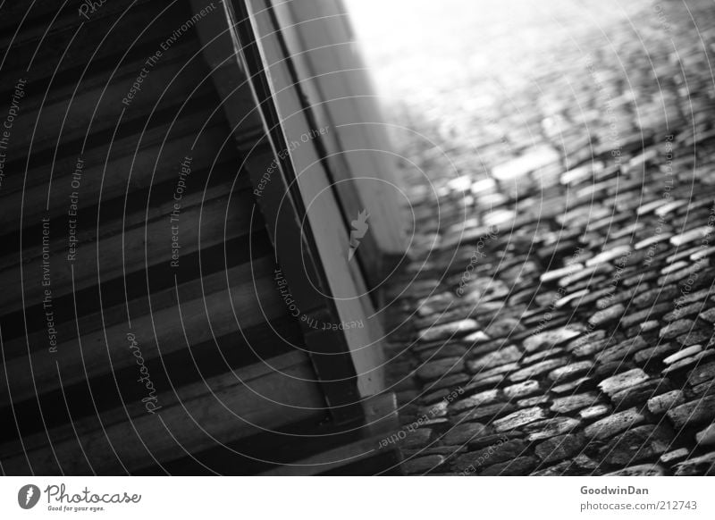 durch die Gassen von Regensburg II Treppe Treppenhaus Kopfsteinpflaster Pflasterweg Unterführung Stein Holz alt Wärme grau Stimmung Schwarzweißfoto