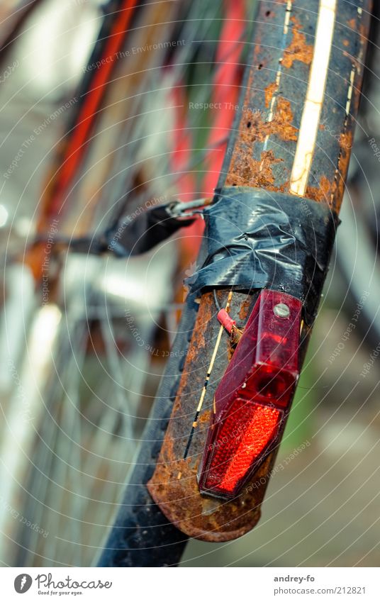 Veteran Fahrrad Sammlerstück Metall Schnur alt braun rot schwarz Zerstörung Fahrradreifen Rücklicht Schutzblech kaputt Rad kaputtes Rad Vergänglichkeit Rost
