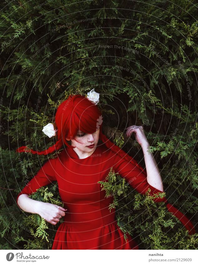 Junge Frau mit dem roten Haar und roten dem Kleid, das auf Blättern liegt Stil Design Mensch feminin Jugendliche 1 18-30 Jahre Erwachsene Kunst Kunstwerk Blume