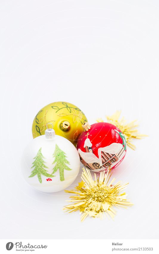 Drei Christbaumkugeln mit goldenen Sternen Design Freude Feste & Feiern Weihnachten & Advent Glas Ornament Kugel glänzend rund grün rot weiß Vorfreude