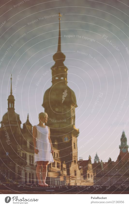 #A# Dresdner Rathaus Kunst ästhetisch Reflexion & Spiegelung Dresden Barock Kleid Altstadt Turm Wasseroberfläche Frau Mädchen Surrealismus träumen traumhaft