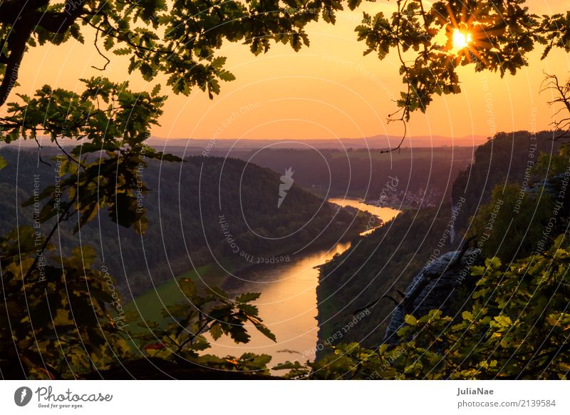 Sonnenuntergang über der Elbe im Elbsandsteingebirge Berge u. Gebirge Sächsische Schweiz reise Reisefotografie Sachsen Deutschland rathen gold goldene stunde