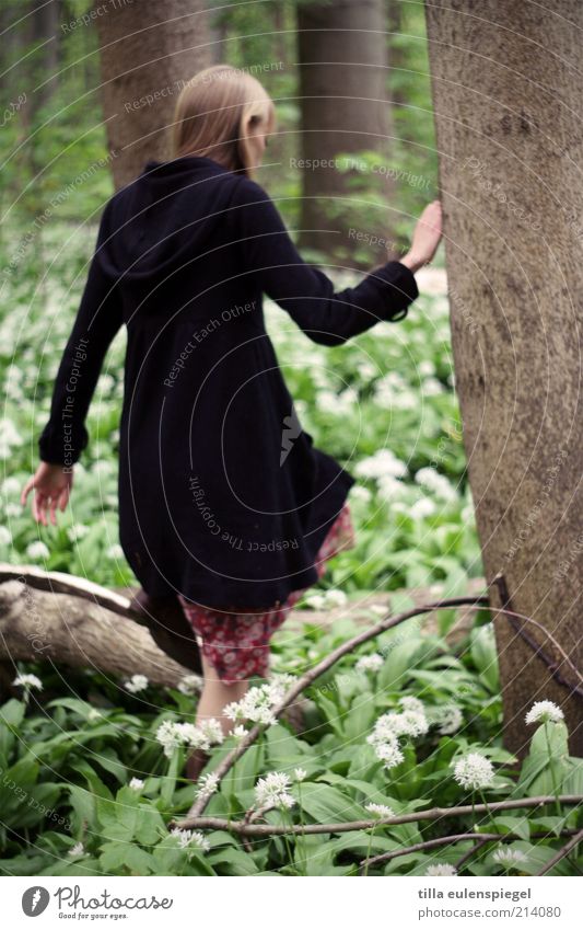 gretel Ausflug feminin Junge Frau Jugendliche Erwachsene 1 Mensch Umwelt Natur Frühling Pflanze Baum Blatt Blüte Wald Kleid Mantel blond laufen kalt natürlich