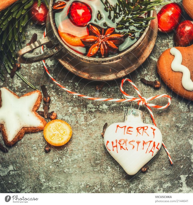 Weihnachten Grußkarte mit Glühwein und Plätzchen Süßwaren Ernährung Festessen Getränk Heißgetränk Tasse Stil Design Winter Feste & Feiern Weihnachten & Advent