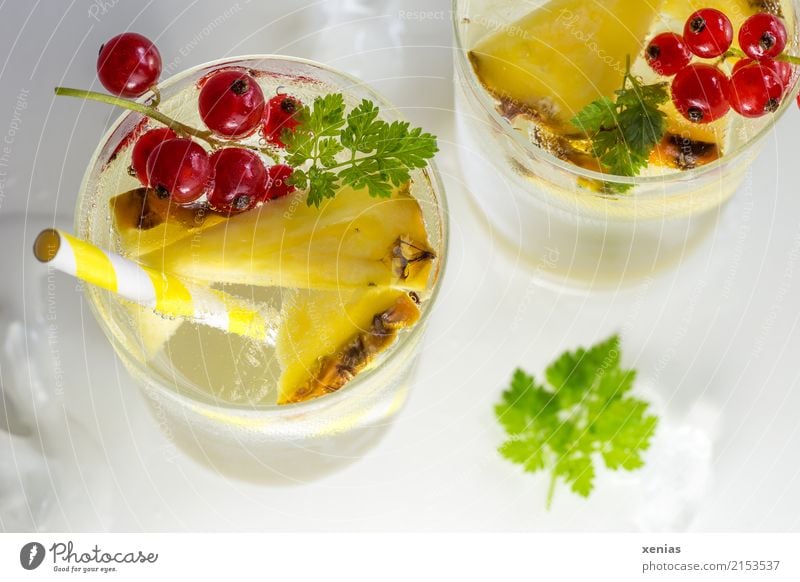Kühles Erfrischungsgetränk mit Ananas, Johannisbeeren und Kerbel Frucht Kräuter & Gewürze Eiswürfel Getränk Trinkwasser Limonade Glas Trinkhalm