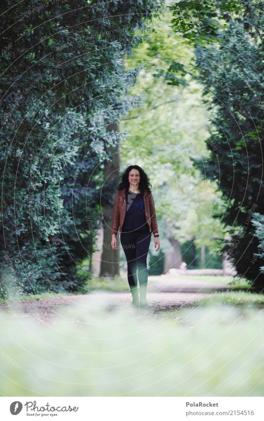 #A# Going Forward Mensch feminin 1 ästhetisch laufen Spaziergang grün Park Model Modellfigur Frau Lederjacke Sommer Außenaufnahme Farbfoto Gedeckte Farben