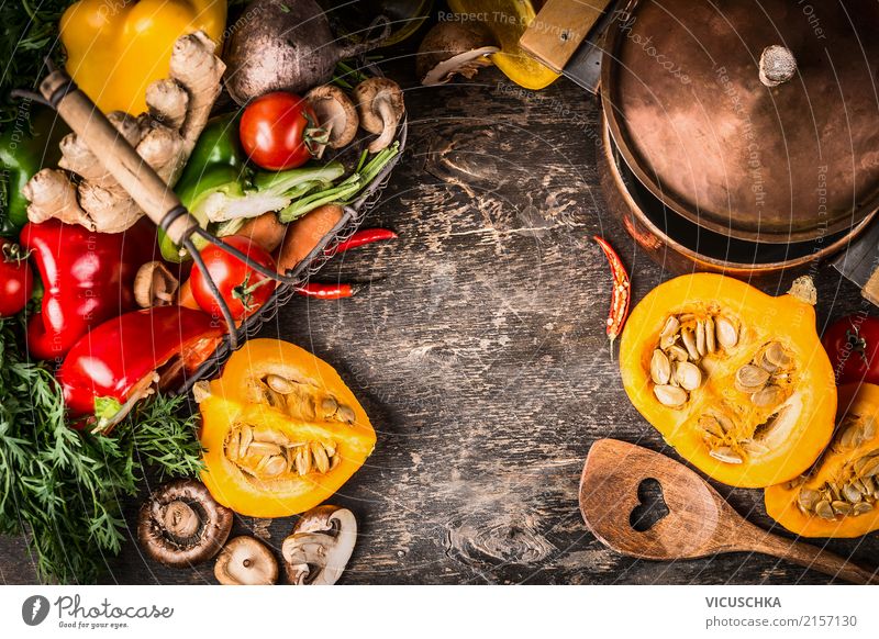 Kürbis Gericht Kochen Lebensmittel Gemüse Ernährung Festessen Topf Löffel Stil Design Gesunde Ernährung Tisch Küche Restaurant Erntedankfest Mauer Wand