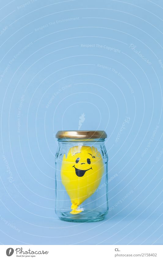 Feierlaune | konserviert Glas Party Feste & Feiern Geburtstag Luftballon Zeichen lachen warten Fröhlichkeit positiv blau gelb Gefühle Freude Glück Zufriedenheit