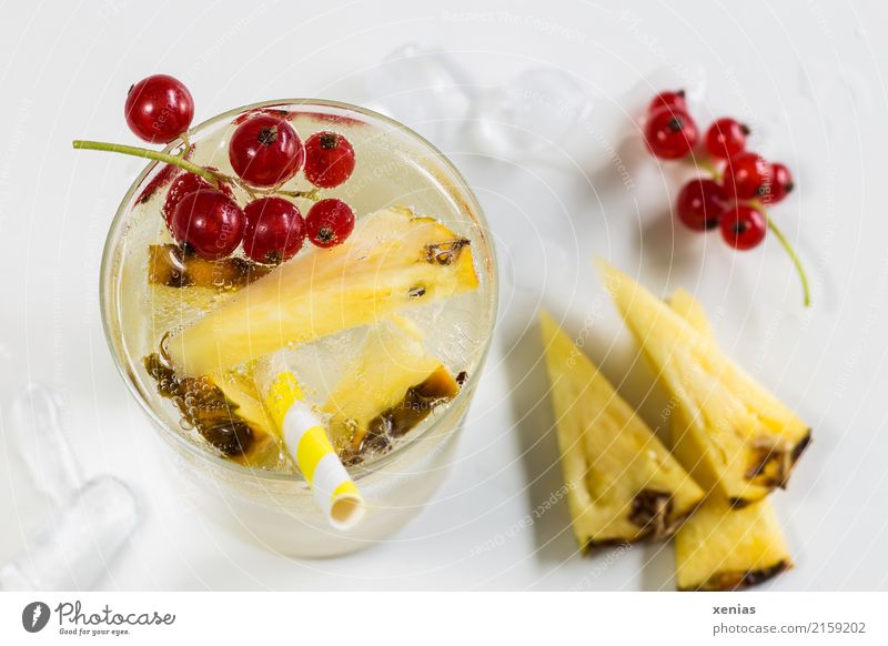 Kühles frisches Getränk mit Ananas, roten Johannisbeeren, Eiswürfel und Trinkhalm in gelb Vitamin Erfrischungsgetränk Bioprodukte Frucht Vegetarische Ernährung