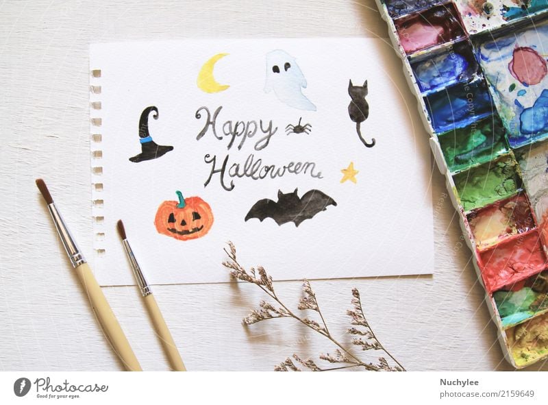 Happy Halloween-Grußkarte mit Aquarell gemalt Freizeit & Hobby Handarbeit Kunst Künstler Maler Kunstwerk Gemälde Blume Papier streichen Wasserfarbe Bürste