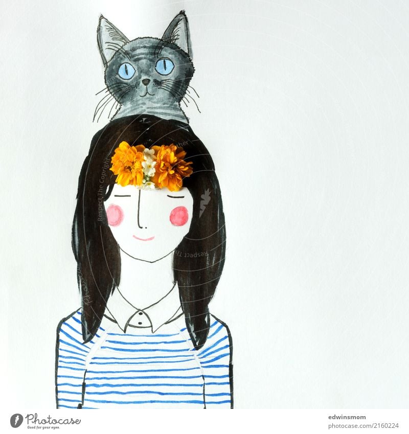 Hello Cat Freizeit & Hobby Basteln zeichnen feminin 1 Mensch Blüte Accessoire schwarzhaarig langhaarig Haustier Katze Papier Dekoration & Verzierung entdecken