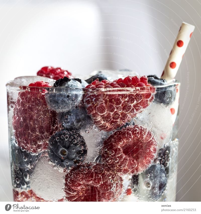 Frisch, saftig, kühl. Halbes Glas in Detailaufnahme mit Himbeeren, Blaubeeren, Eis und Trinkhalm Getränk Frucht Beeren Eiswürfel Bioprodukte