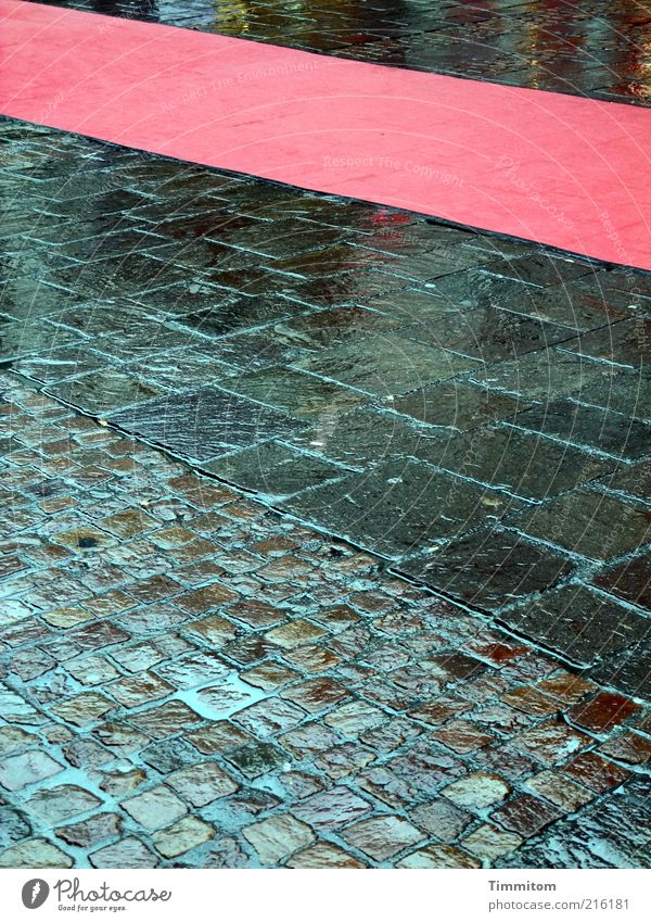 Roter-Teppich-Wetter schlechtes Wetter Regen Fußgängerzone Straße Stein Roter Teppich gehen Blick ästhetisch nass rot Lebensfreude Erwartung Reichtum