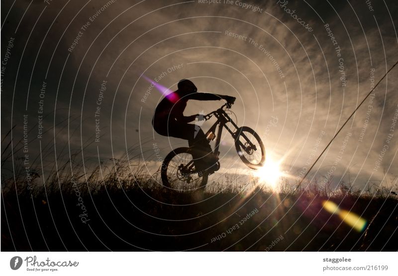 Mountainbikeski Sport Fahrradfahren Mountainbiking Gedeckte Farben Außenaufnahme Dämmerung Gegenlicht Wiese Gras Himmel Wolken Sonne Sonnenuntergang