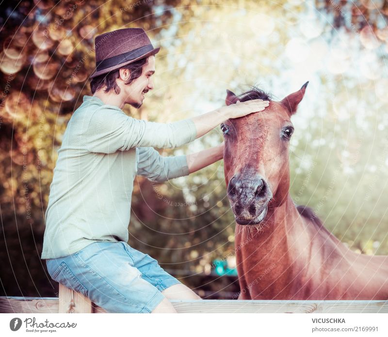 Kommunikation zwischen Mensch und Pferd Lifestyle maskulin Junger Mann Jugendliche Natur Herbst Schönes Wetter Tier Gefühle Stimmung Vertrauen Sympathie