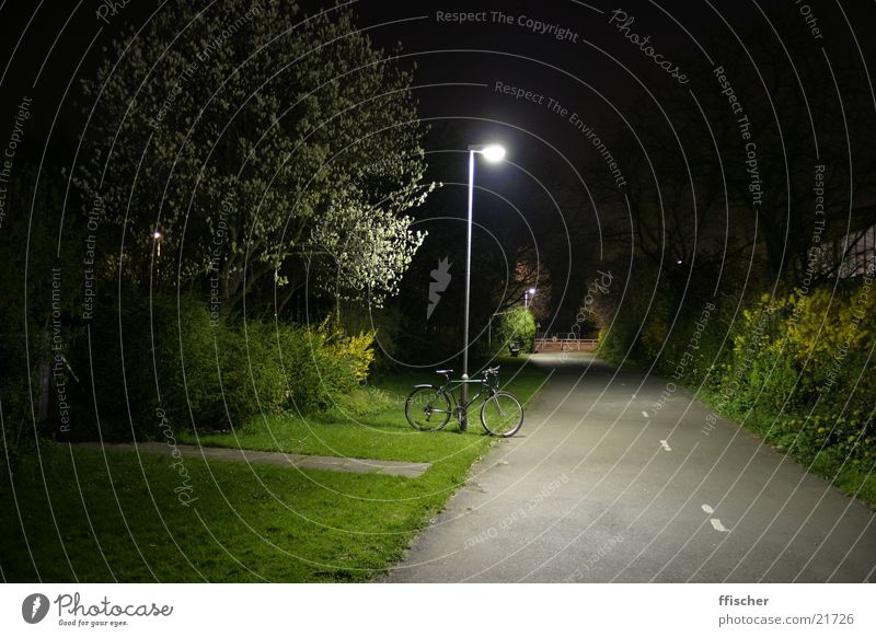 Laterne & Fahrrad Licht Nacht Langzeitbelichtung Gras grün dunkel schwarz Lampe Verkehr 10sec Canon EOS hell Weg. Lichtung Straße