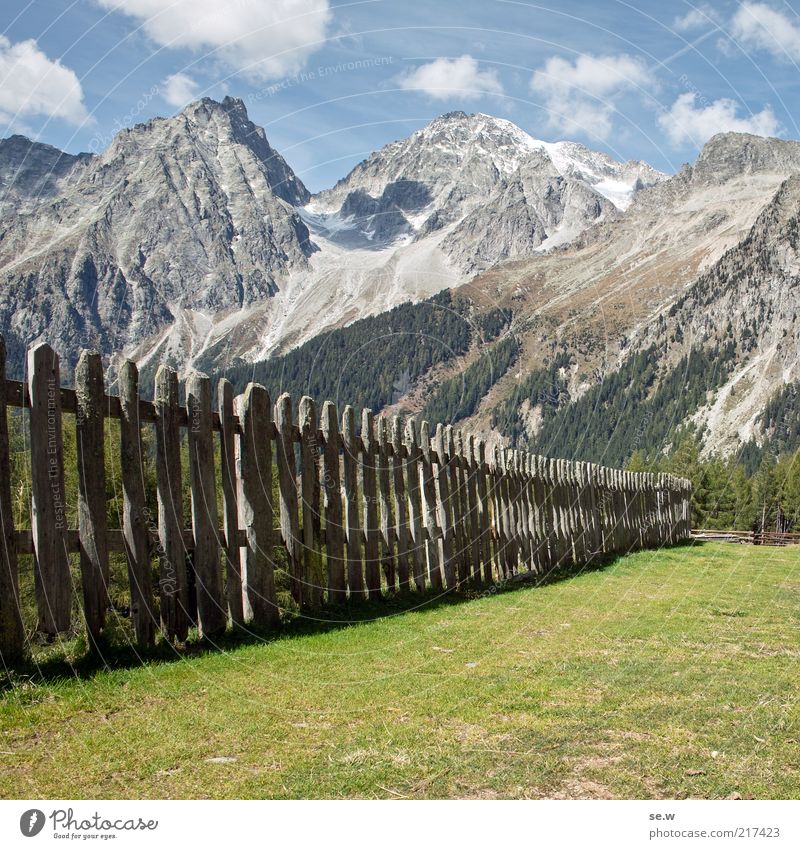 Eingezäunt. (Antholz [5]) Schönes Wetter Wiese Alpen Berge u. Gebirge Hochgall Montalalm Alm Zaun historisch mehrfarbig grün ruhig Umwelt