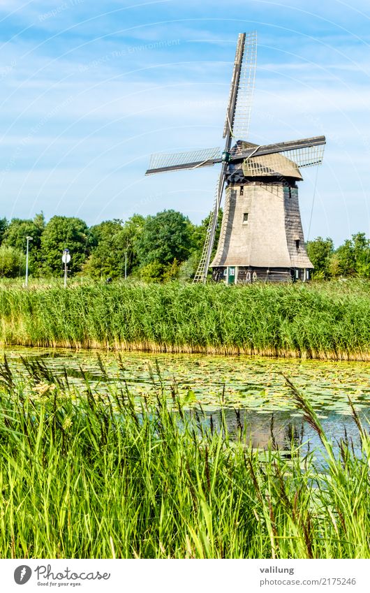 Traditionelle niederländische Windmühle Ferien & Urlaub & Reisen Tourismus Landschaft Park Fluss Gebäude Architektur grün Alkmaar Europa Niederlande Kanal