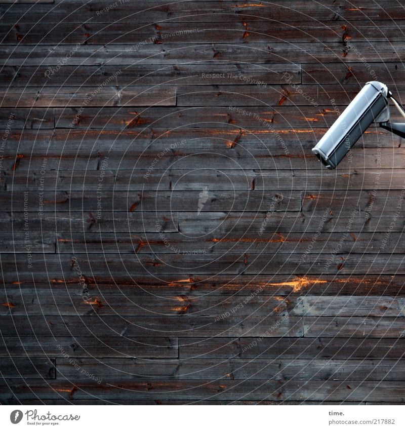 [H10.1] - Der eindimensionale Blick Wand Holzbrett Holzwand Wandtäfelung braun Haus Außenaufnahme Videokamera Überwachung Gehäuse Maserung Verschalung