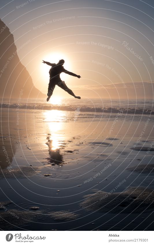 Junge Frau springt in den Sonnenuntergang am Polarmeer Freude Gesundheit sportlich Fitness Leben Wohlgefühl Zufriedenheit Ferien & Urlaub & Reisen Ausflug