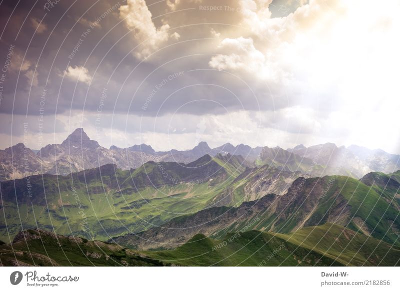 im Paradies angekommen Kunst Gemälde Umwelt Natur Landschaft Wolken Klima Klimawandel Schönes Wetter Alpen Berge u. Gebirge Gipfel schön paradiesisch
