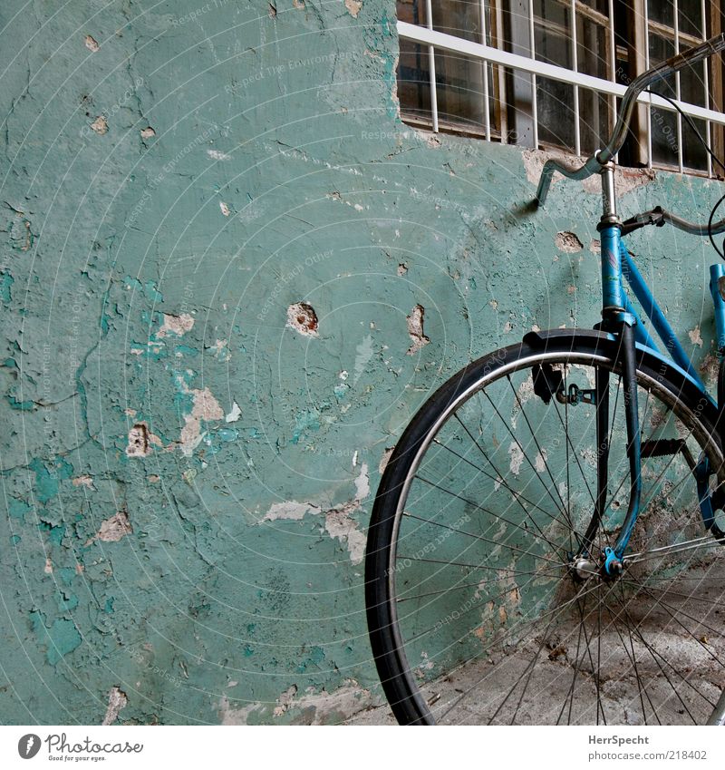 Schön alt Mauer Wand Fenster Fahrrad außergewöhnlich dreckig dunkel trashig trist blau schwarz Verfall Vergänglichkeit Putz Farbe abblättern Patina