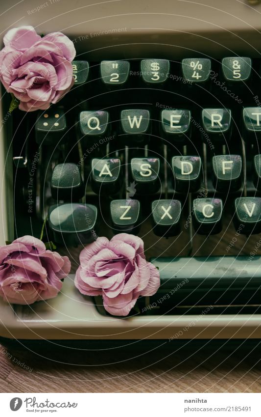 Vintage Schreibmaschine mit Papierrosen Bildung Arbeit & Erwerbstätigkeit Beruf Büroarbeit schreiben Schriftsteller Kunst Kunstwerk Kultur Blume Rose