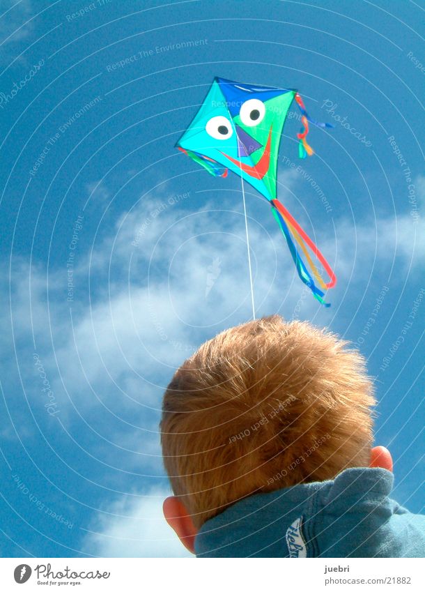 Kind lässt Drachen steigen Farbfoto Außenaufnahme Nahaufnahme Textfreiraum links Textfreiraum oben Tag Rückansicht Blick nach vorn Sonne Himmel Wolken Wind