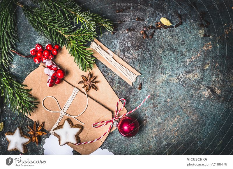 Weihnachtshintergrund mit Geschenkverpackung und Plätzchen Stil Design Dekoration & Verzierung Feste & Feiern Weihnachten & Advent Kerze Zeichen retro Tradition